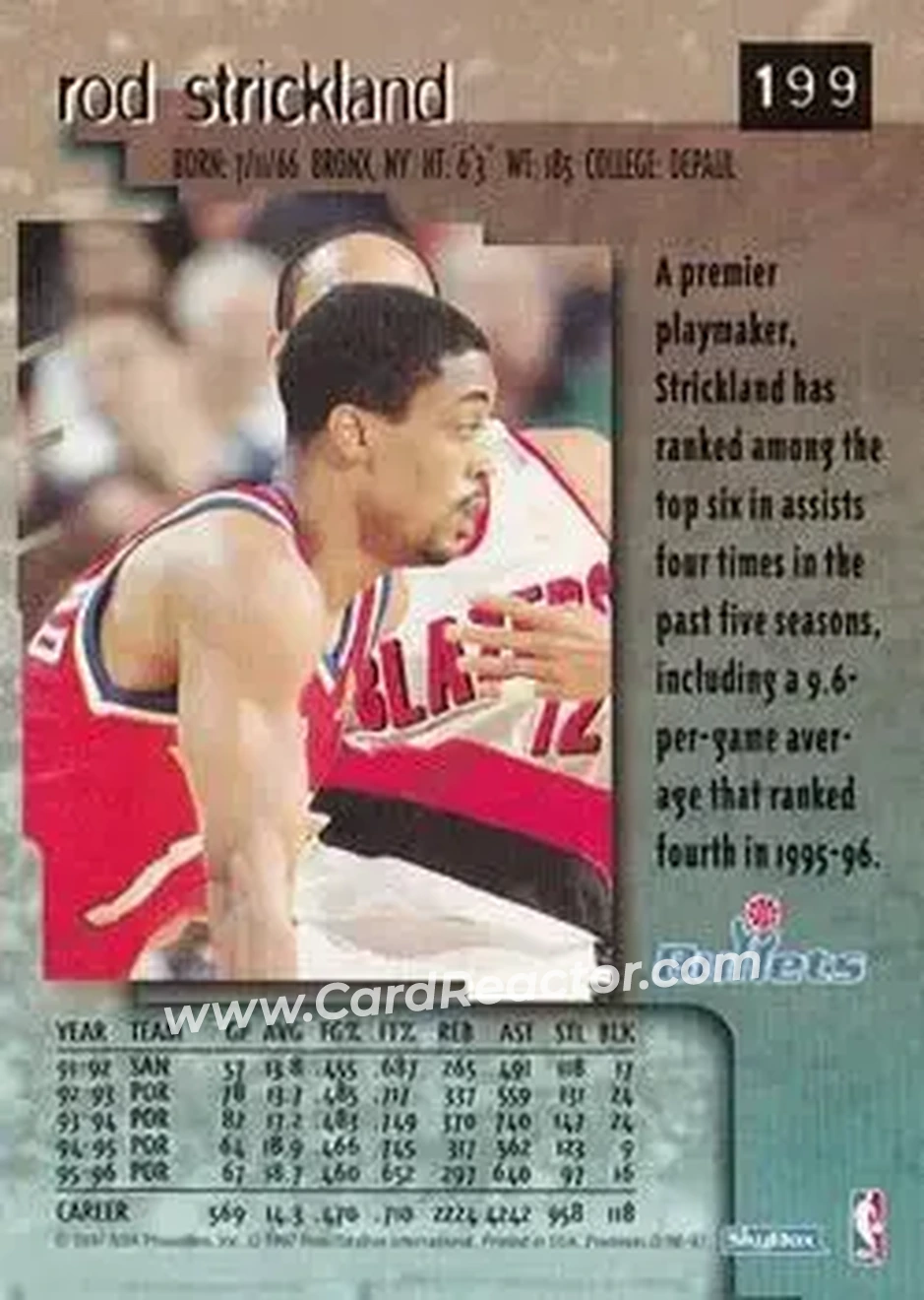 1996-97 SkyBox Premium #199 - Rod Strickland - Washington Bullets - Back
