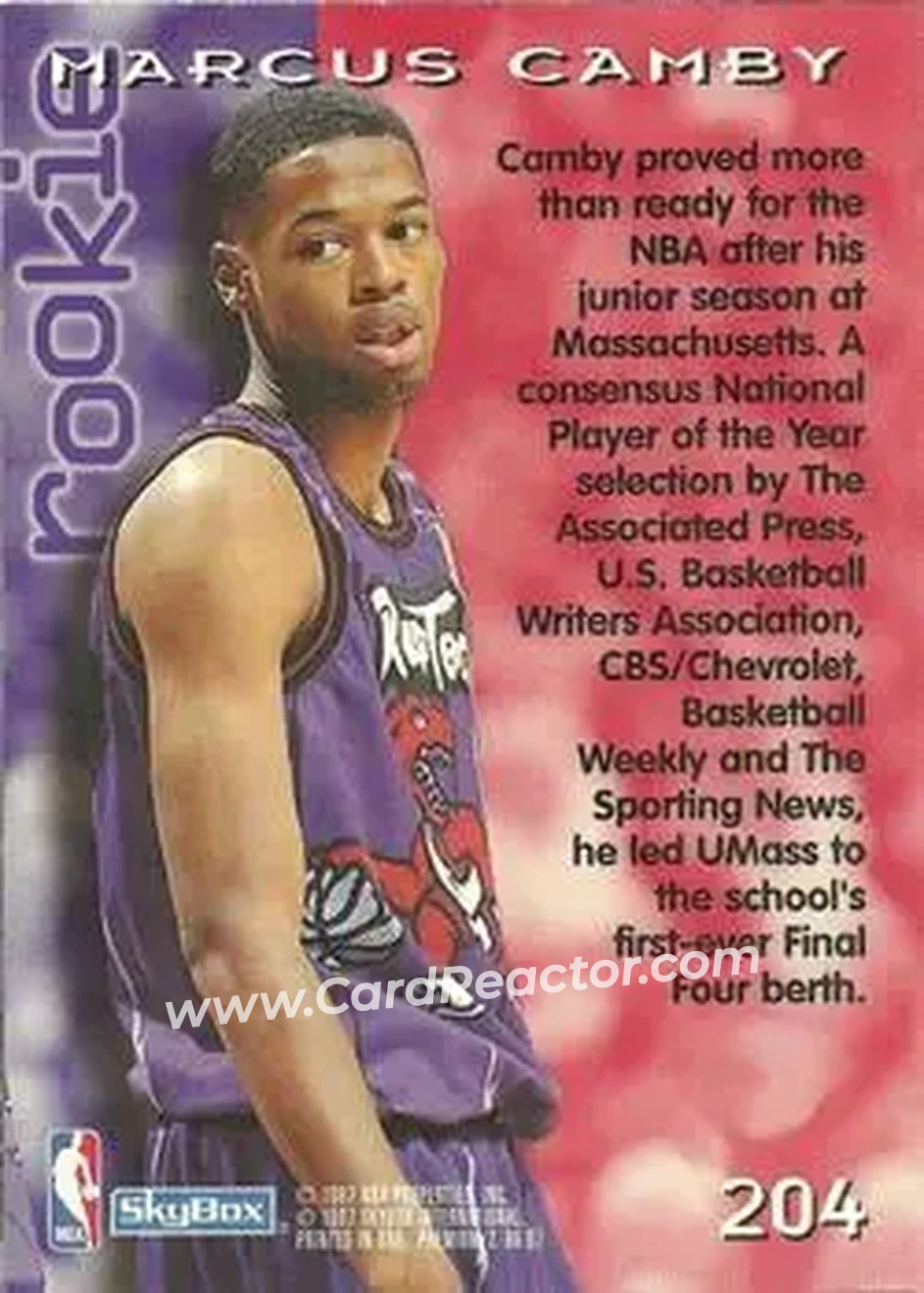 1996-97 SkyBox Premium #204 - Marcus Camby - Toronto Raptors - Back