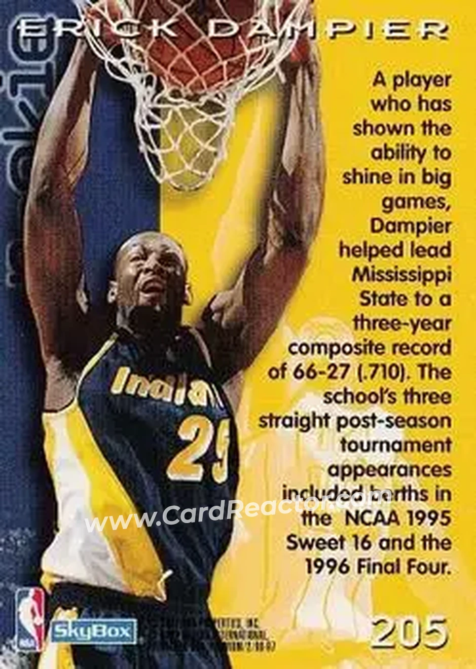1996-97 SkyBox Premium #205 - Erick Dampier - Indiana Pacers - Back