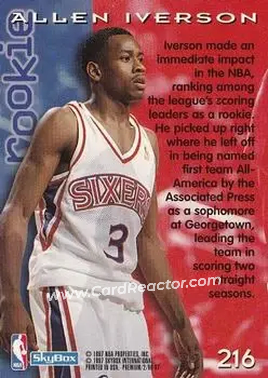 1996-97 SkyBox Premium #216 - Allen Iverson - Philadelphia 76ers - Back