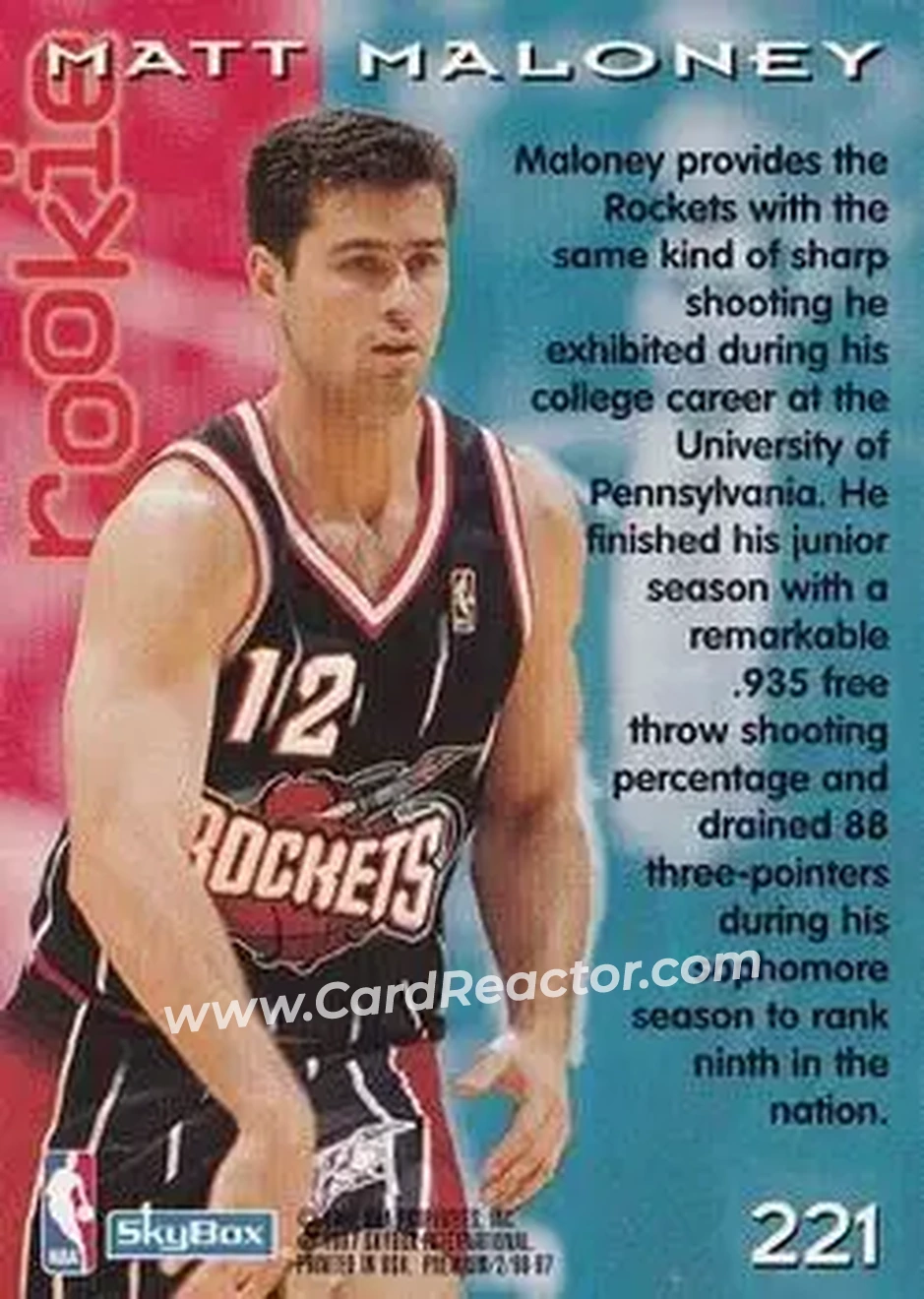 1996-97 SkyBox Premium #221 - Matt Maloney - Houston Rockets - Back