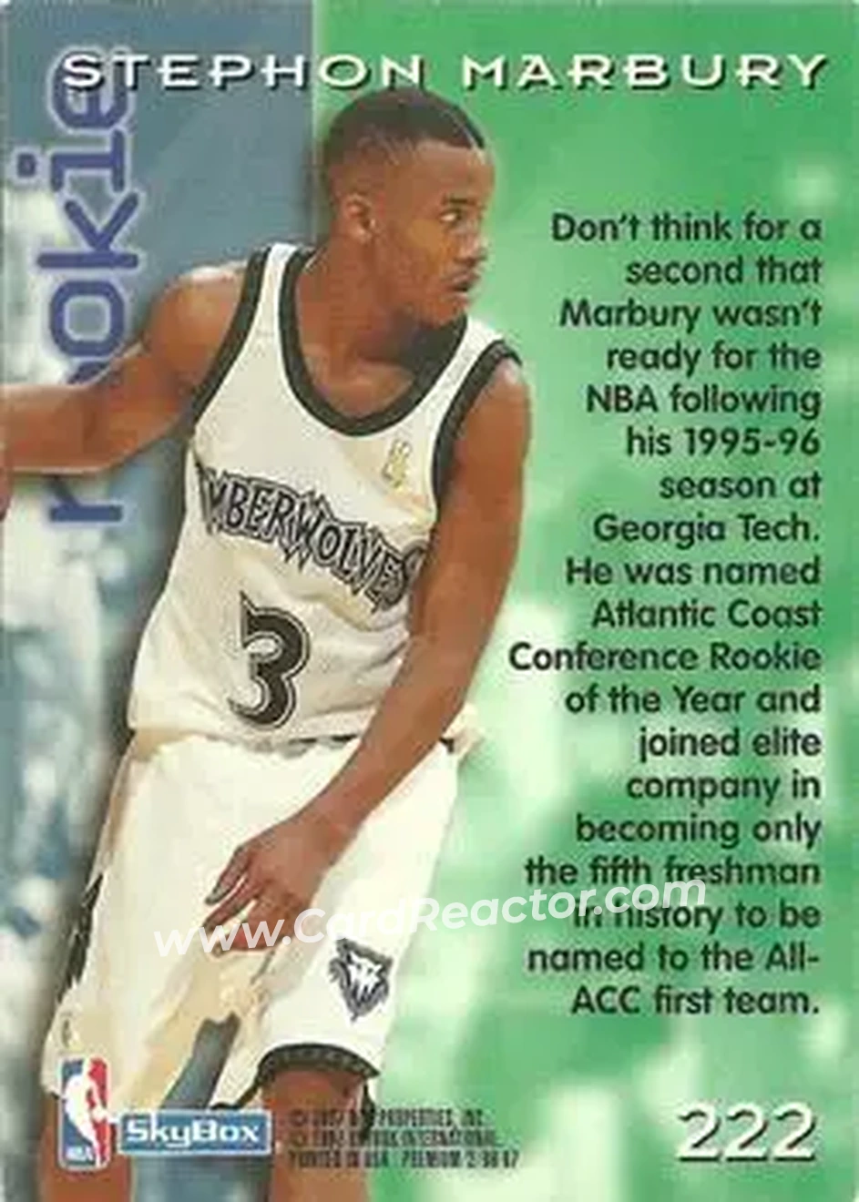 1996-97 SkyBox Premium #222 - Stephon Marbury - Minnesota Timberwolves - Back