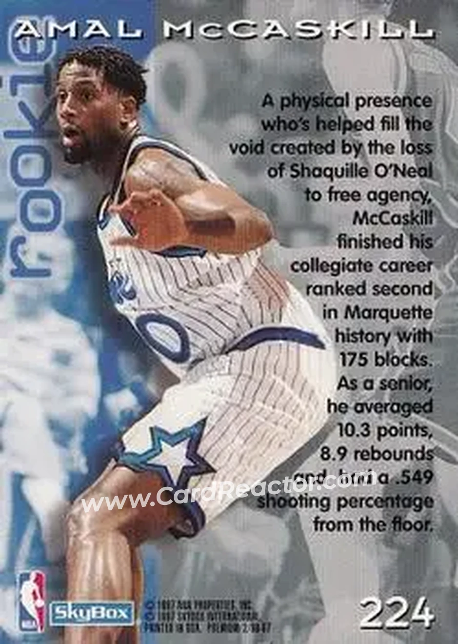 1996-97 SkyBox Premium #224 - Amal McCaskill - Orlando Magic - Back