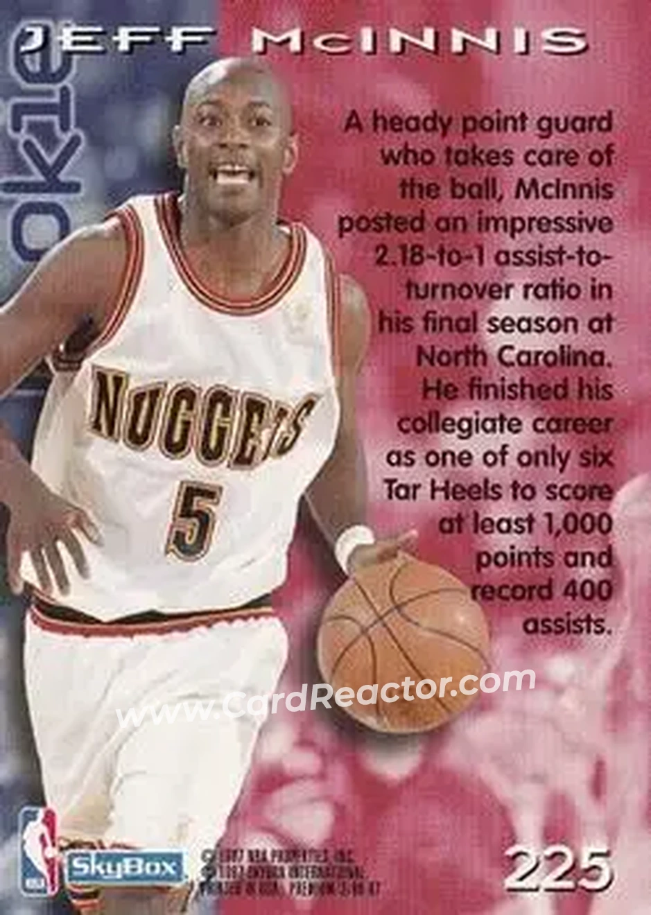 1996-97 SkyBox Premium #225 - Jeff McInnis - Denver Nuggets - Back