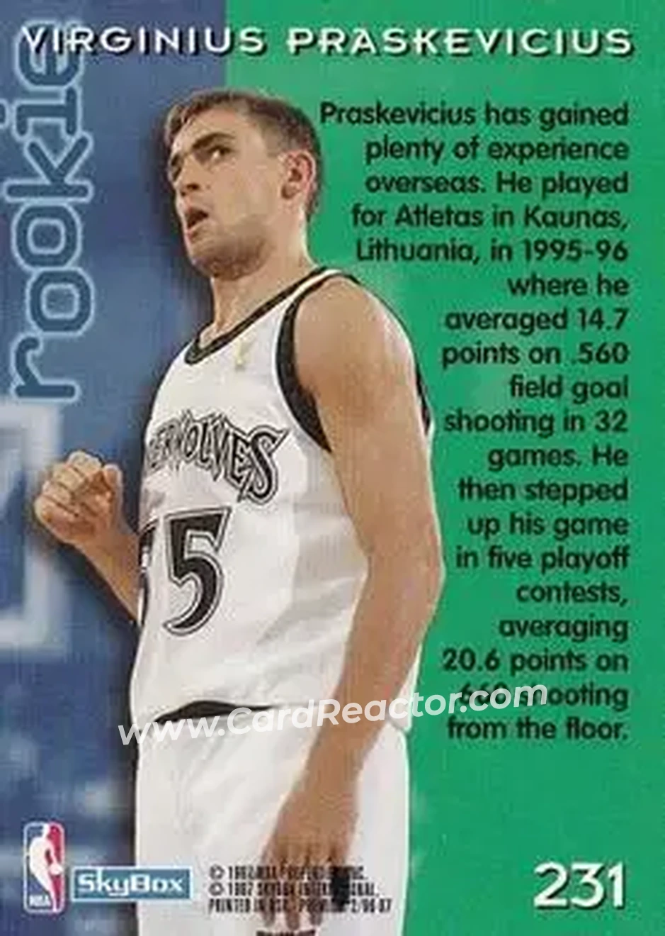 1996-97 SkyBox Premium #231 - Virginius Praskevicius - Minnesota Timberwolves - Back