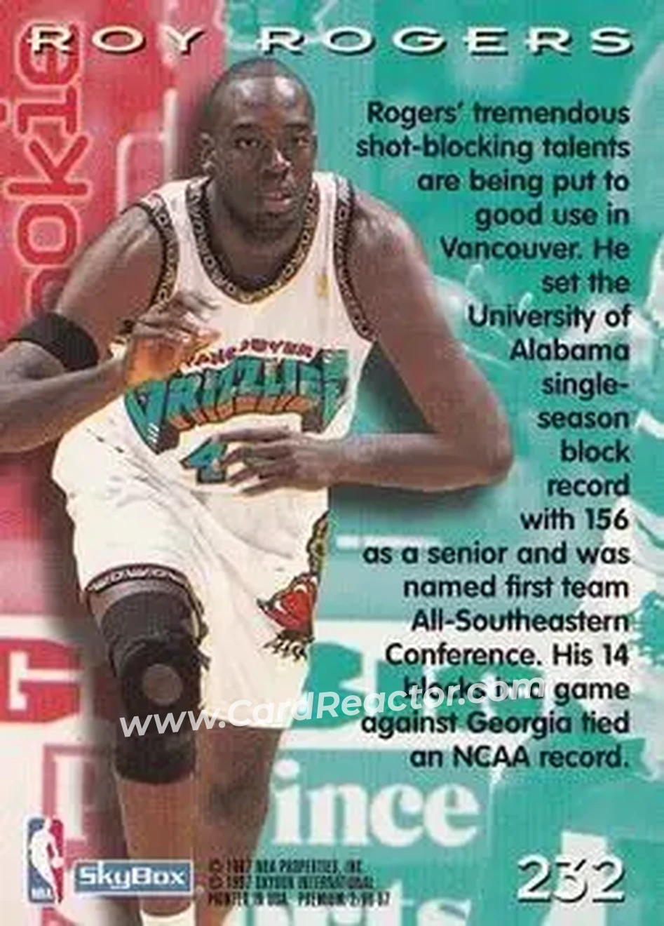 1996-97 SkyBox Premium #232 - Roy Rogers - Vancouver Grizzlies - Back 1996-97 SkyBox Premium #232 - Roy Rogers - Vancouver Grizzlies - Back