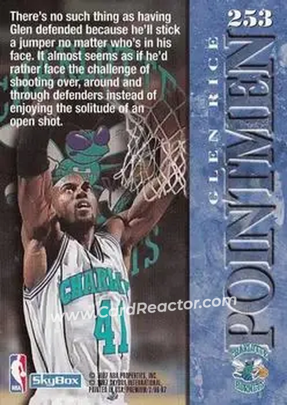 1996-97 SkyBox Premium #253 - Glen Rice - Charlotte Hornets - Back