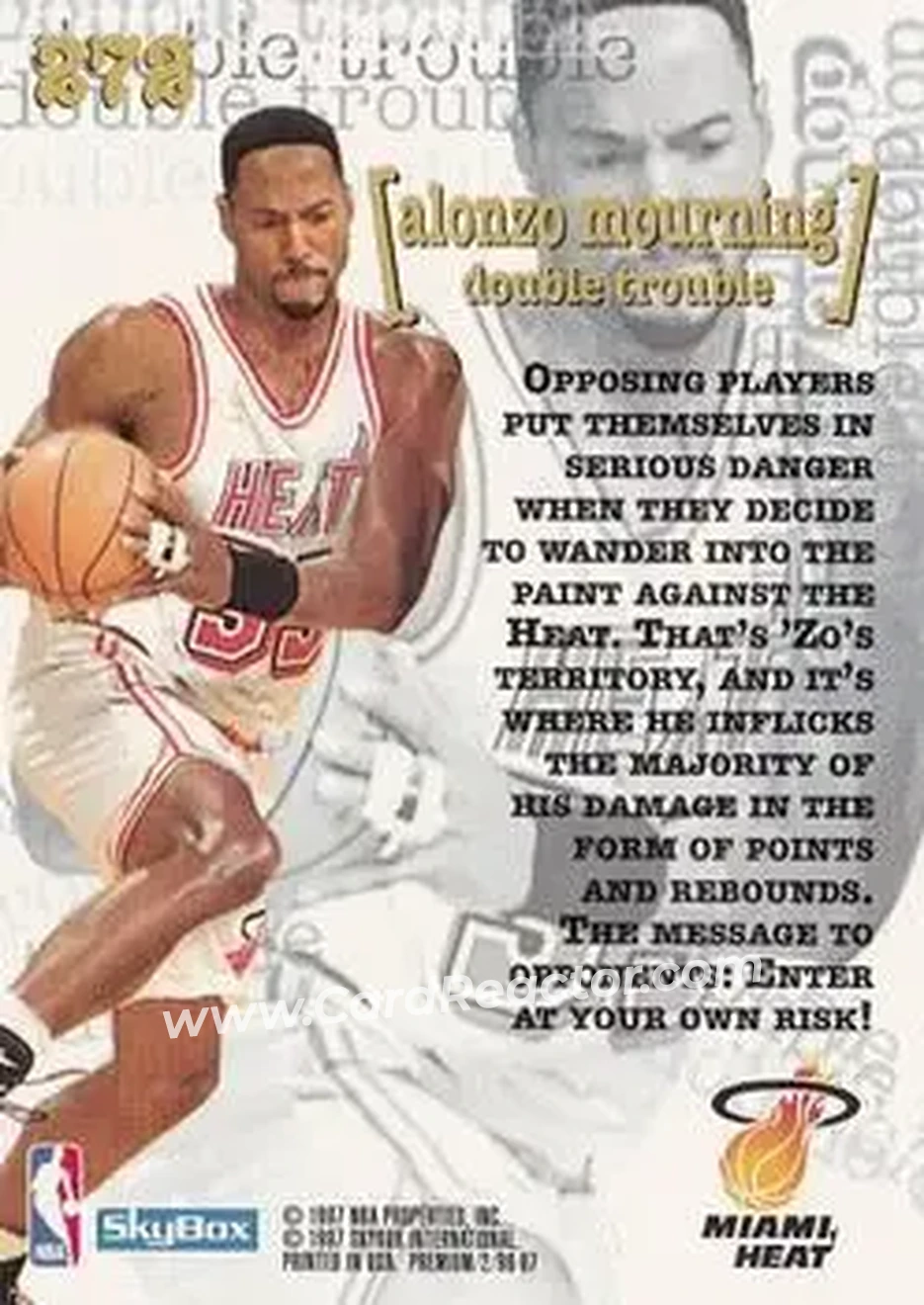 1996-97 SkyBox Premium #272 - Alonzo Mourning - Miami Heat - Back