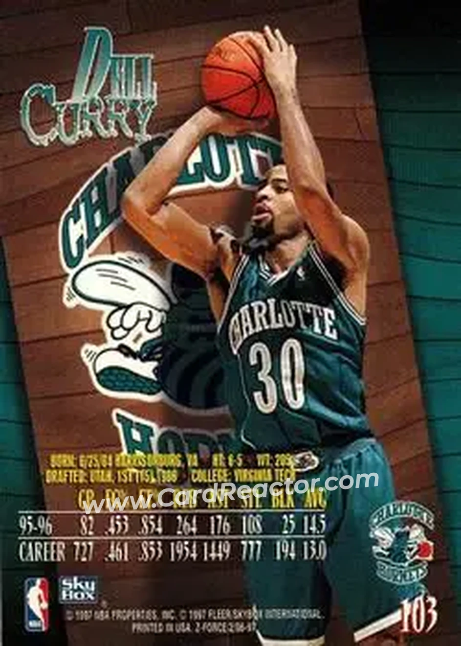 1996-97 SkyBox Z-Force #103 - Dell Curry - Charlotte Hornets - Back