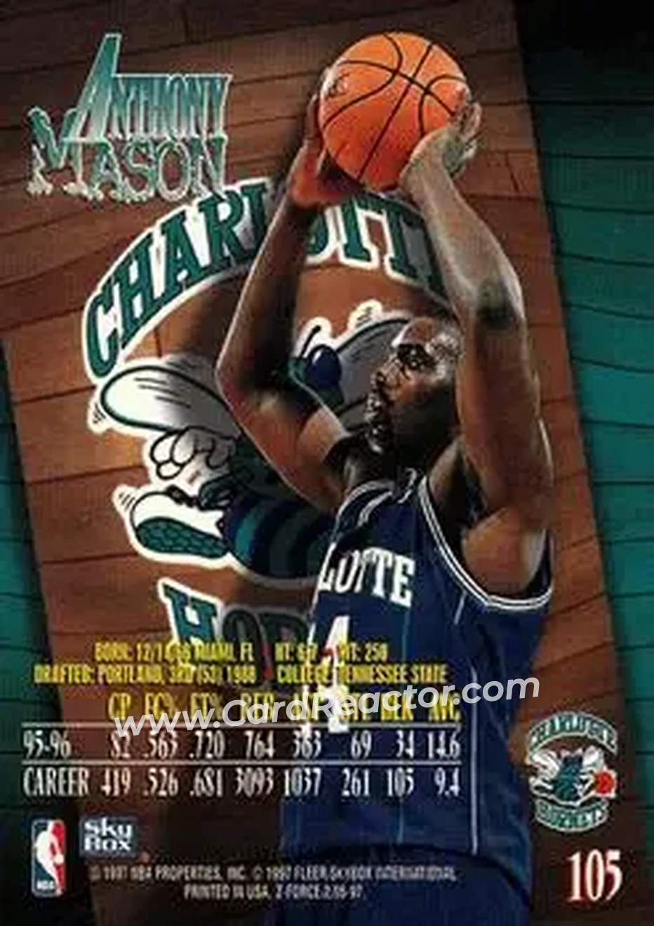 1996-97 SkyBox Z-Force #105 - Anthony Mason - Charlotte Hornets - Back