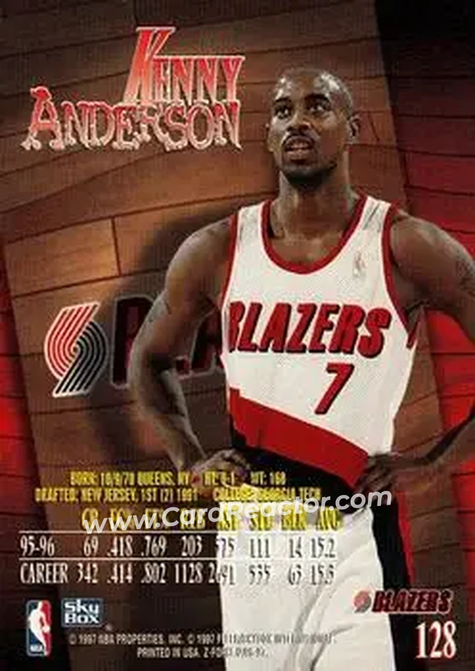 1996-97 SkyBox Z-Force #128 - Kenny Anderson - Portland Trail Blazers - Back