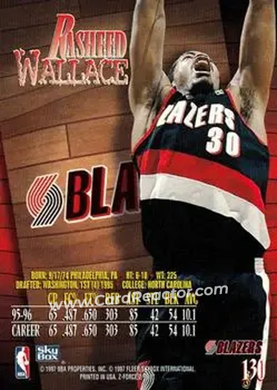 1996-97 SkyBox Z-Force #130 - Rasheed Wallace - Portland Trail Blazers - Back