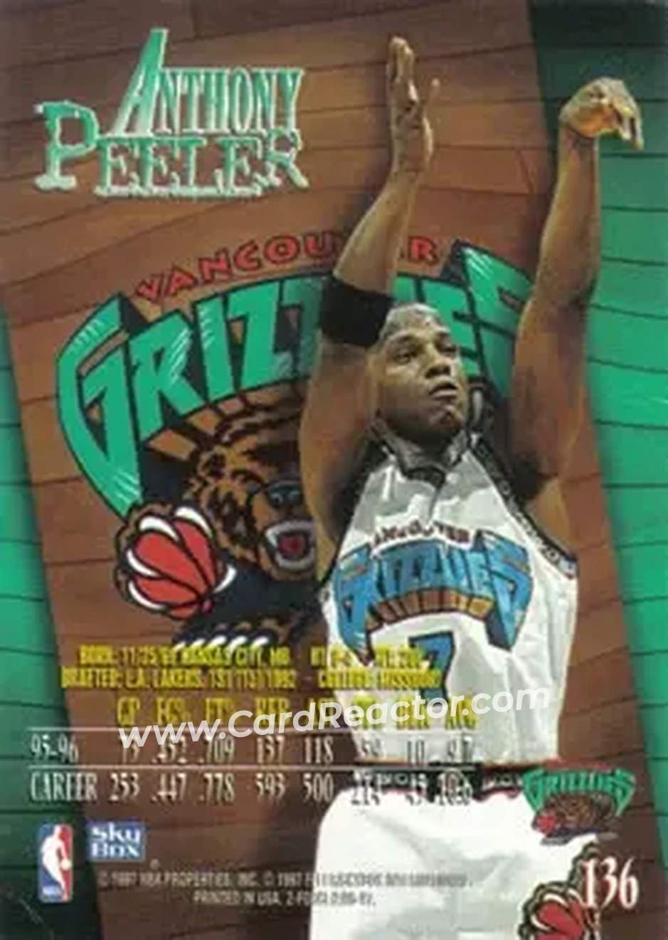 1996-97 SkyBox Z-Force #136 - Anthony Peeler - Vancouver Grizzlies - Back