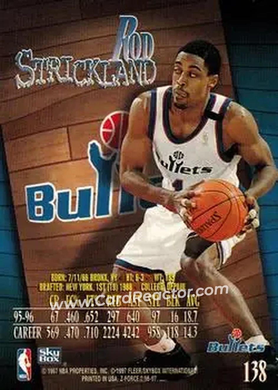 1996-97 SkyBox Z-Force #138 - Rod Strickland - Washington Bullets - Back