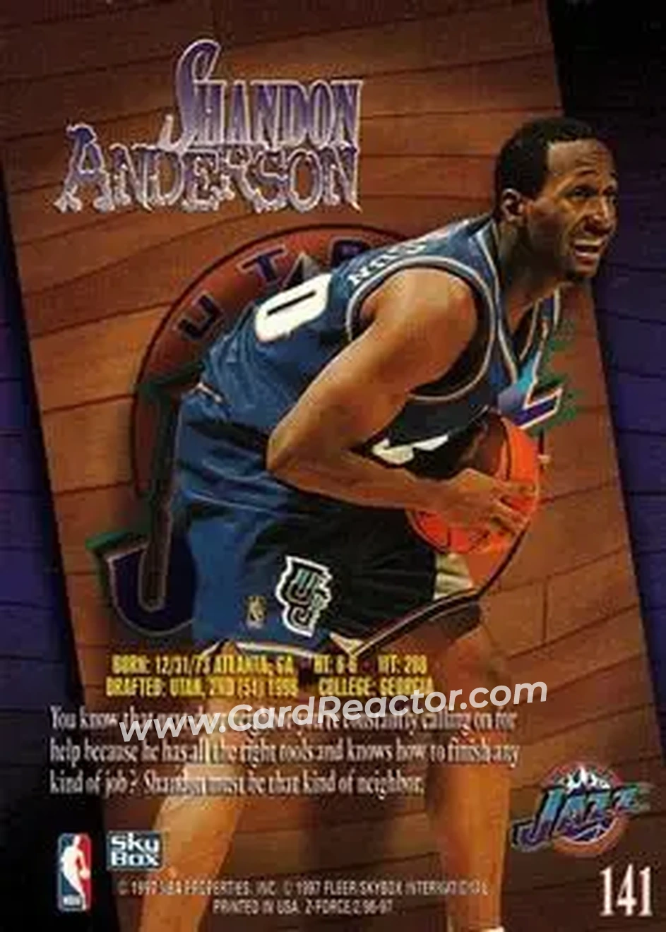 1996-97 SkyBox Z-Force #141 - Shandon Anderson - Utah Jazz - Back