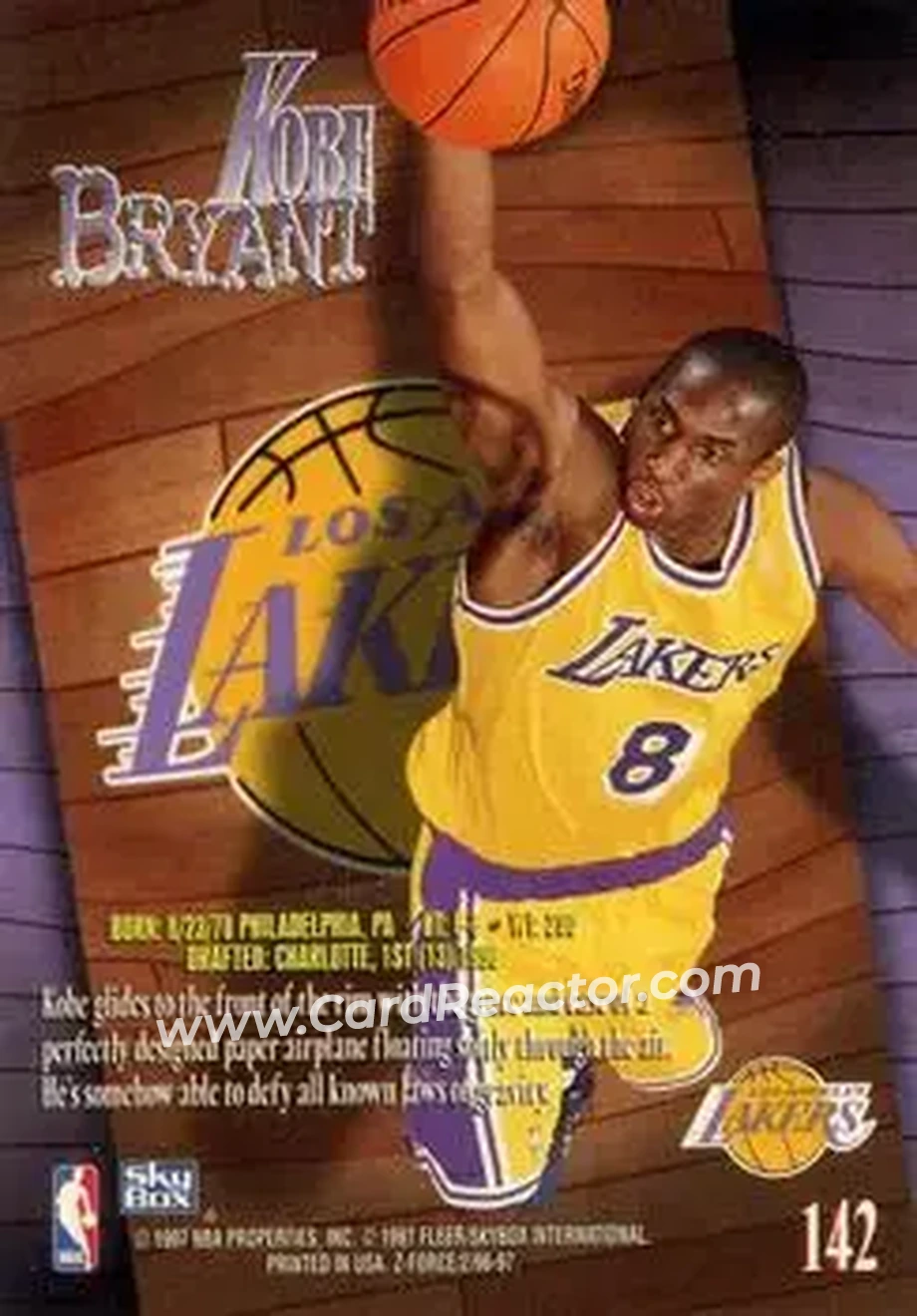 1996-97 SkyBox Z-Force #142 - Kobe Bryant - Los Angeles Lakers - Back