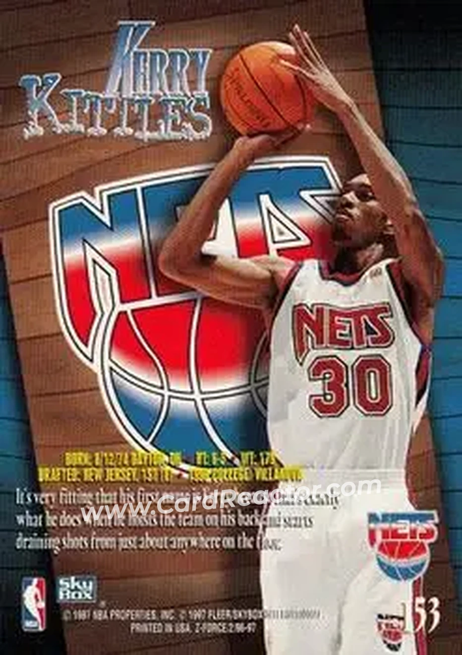 1996-97 SkyBox Z-Force #153 - Kerry Kittles - New Jersey Nets - Back