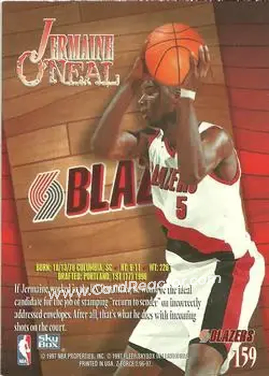 1996-97 SkyBox Z-Force #159 - Jermaine O'Neal - Portland Trail Blazers - Back
