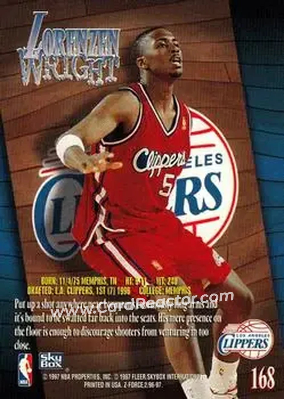 1996-97 SkyBox Z-Force #168 - Lorenzen Wright - Los Angeles Clippers - Back 1996-97 SkyBox Z-Force #168 - Lorenzen Wright - Los Angeles Clippers - Back