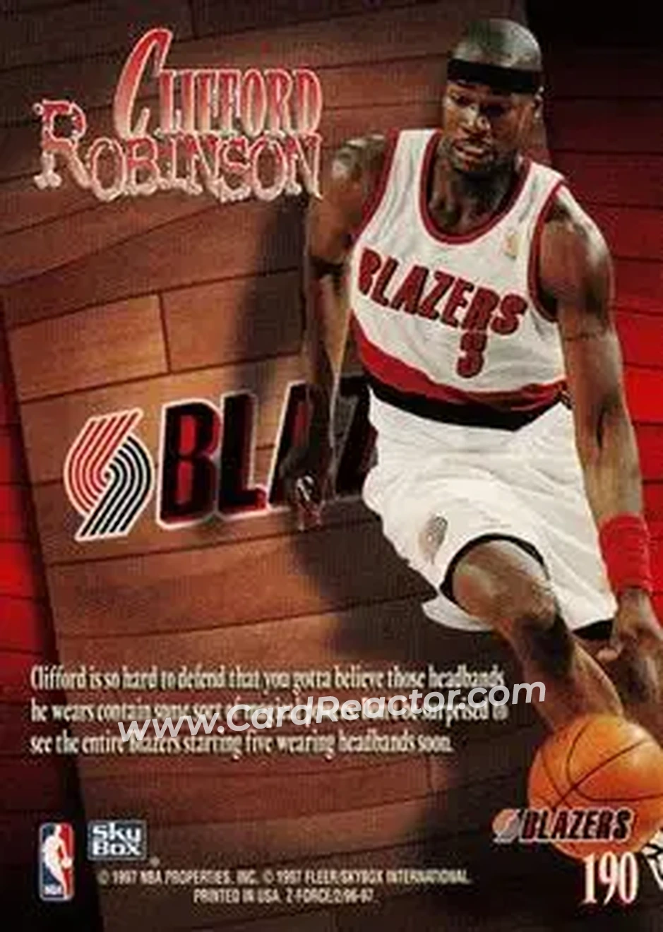 1996-97 SkyBox Z-Force #190 - Clifford Robinson - Portland Trail Blazers - Back