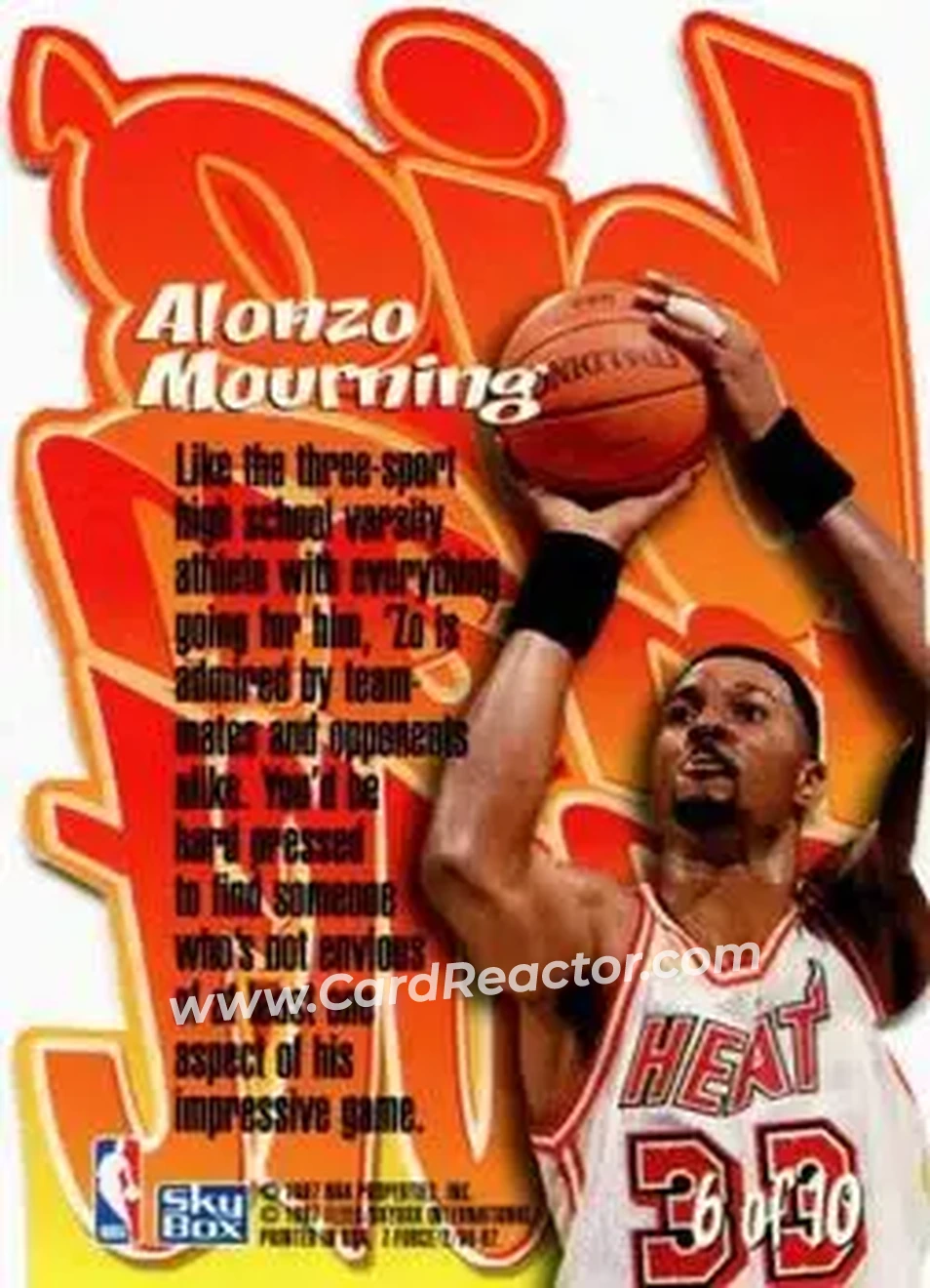 1996-97 SkyBox Z-Force - Big Man on Court (BMOC) #6 - Alonzo Mourning - Miami Heat - Back