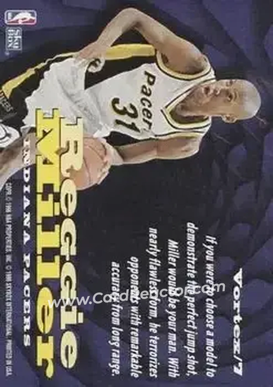1996-97 SkyBox Z-Force - Vortex #Vortex/7 - Reggie Miller - Indiana Pacers - Back 1996-97 SkyBox Z-Force - Vortex #Vortex/7 - Reggie Miller - Indiana Pacers - Back