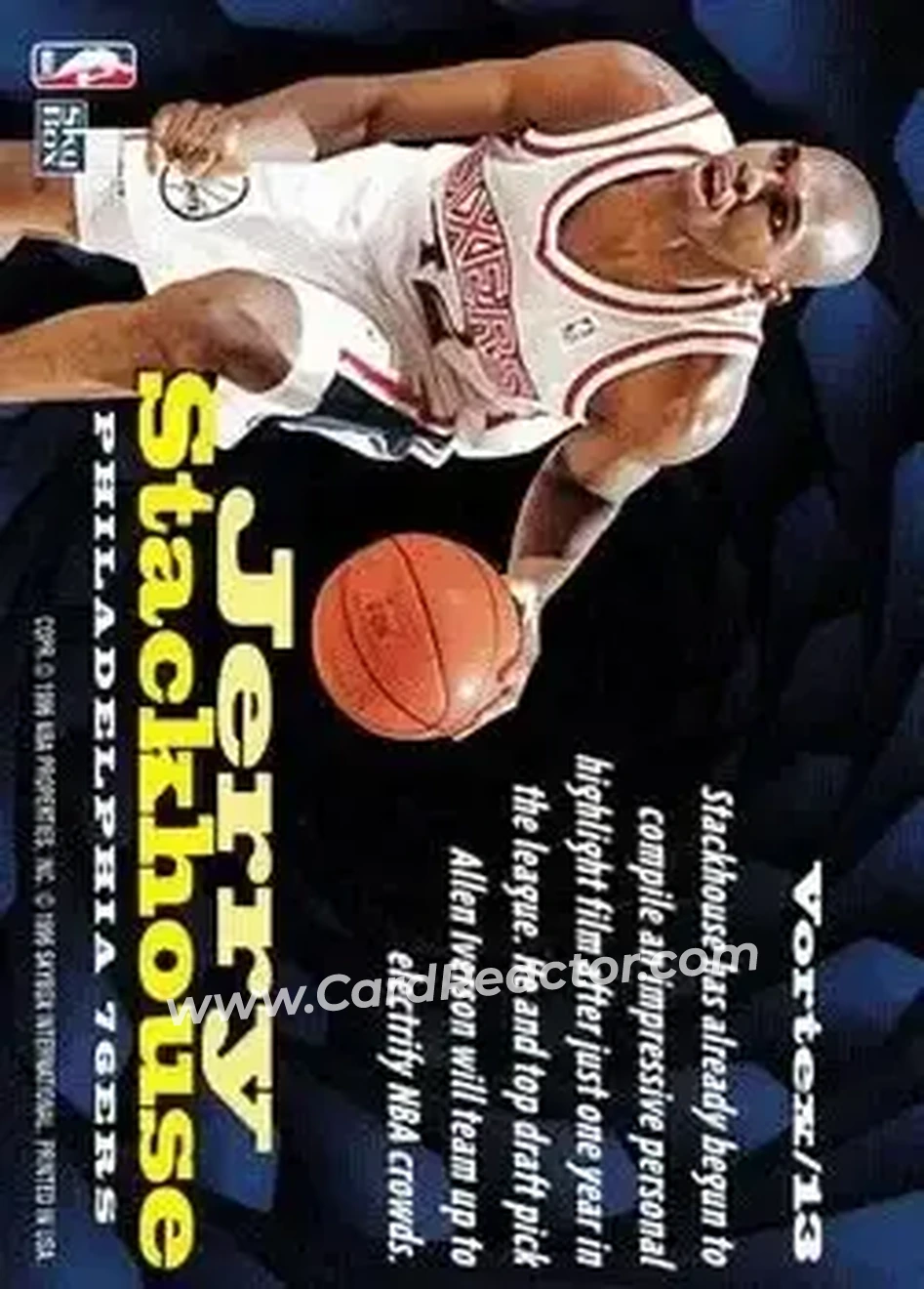1996-97 SkyBox Z-Force - Vortex #Vortex/13 - Jerry Stackhouse - Philadelphia 76ers - Back
