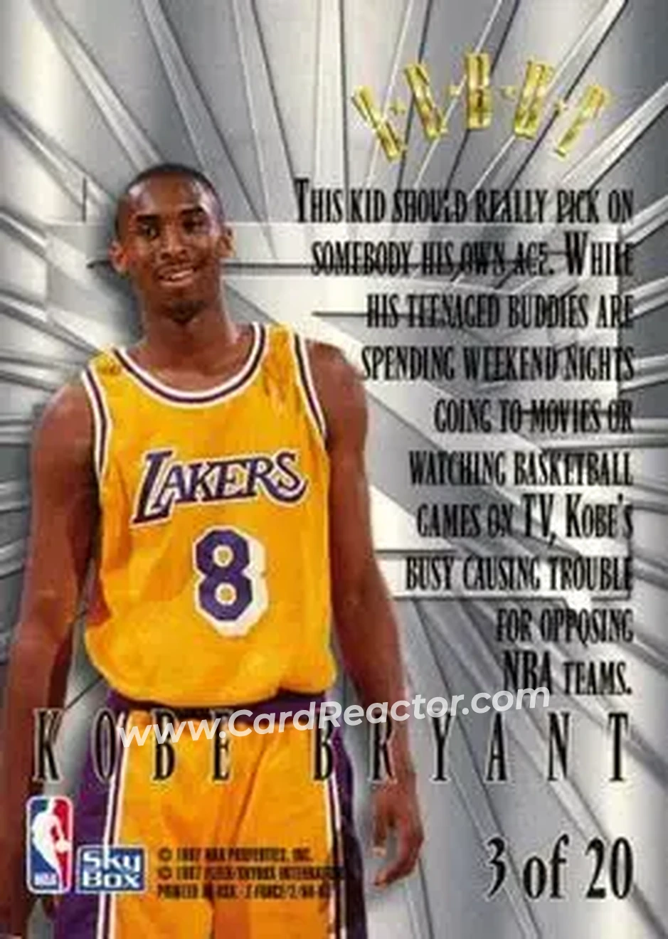 1996-97 SkyBox Z-Force - Zebut #3 - Kobe Bryant - Los Angeles Lakers - Back
