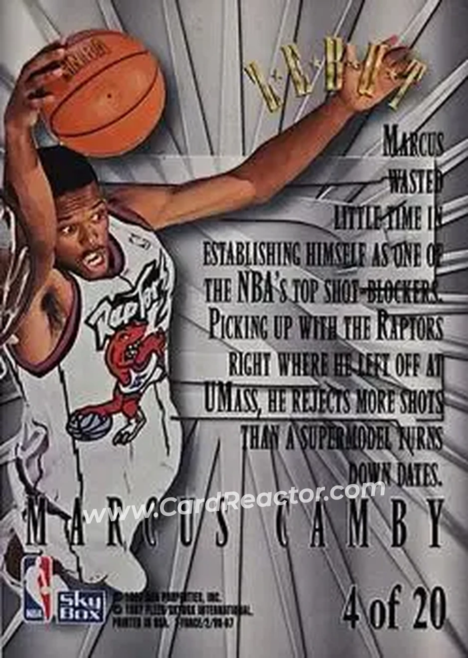 1996-97 SkyBox Z-Force - Zebut #4 - Marcus Camby - Toronto Raptors - Back