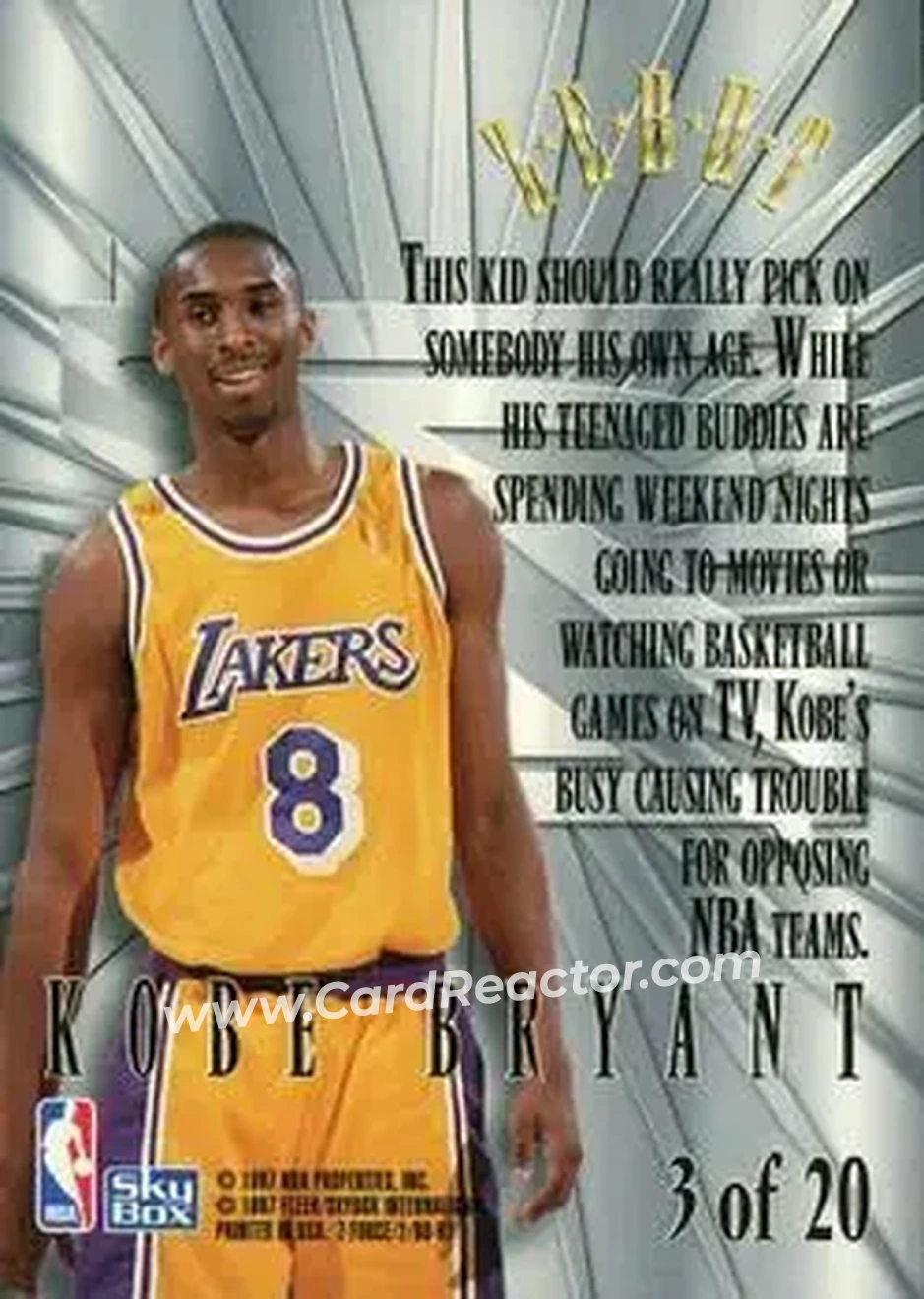1996-97 SkyBox Z-Force - Zebut Zpeat #3 - Kobe Bryant - Los Angeles Lakers - Back