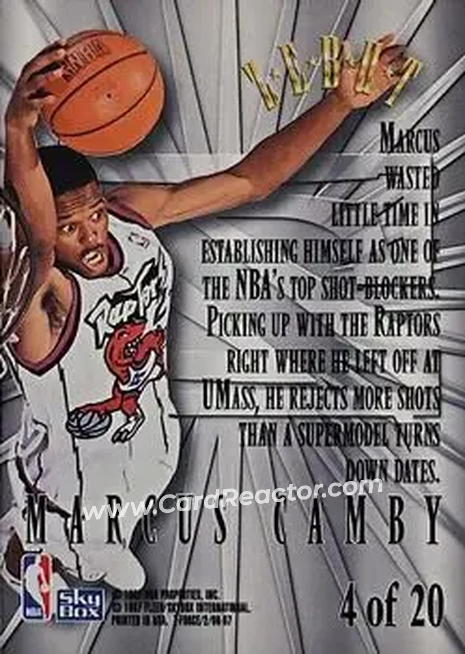 1996-97 SkyBox Z-Force - Zebut Zpeat #4 - Marcus Camby - Toronto Raptors - Back