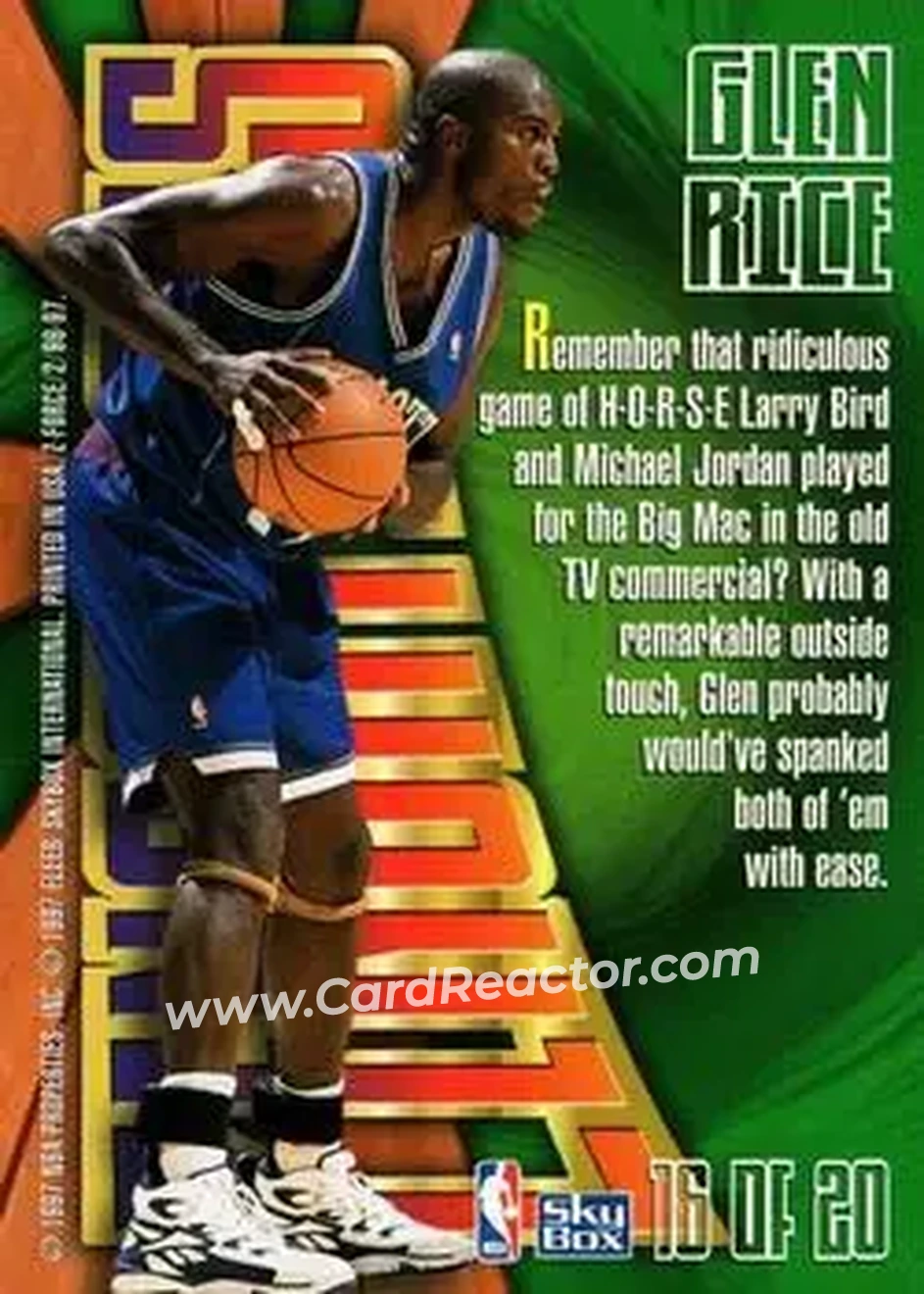 1996-97 SkyBox Z-Force - Zensations #16 - Glen Rice - Charlotte Hornets - Back