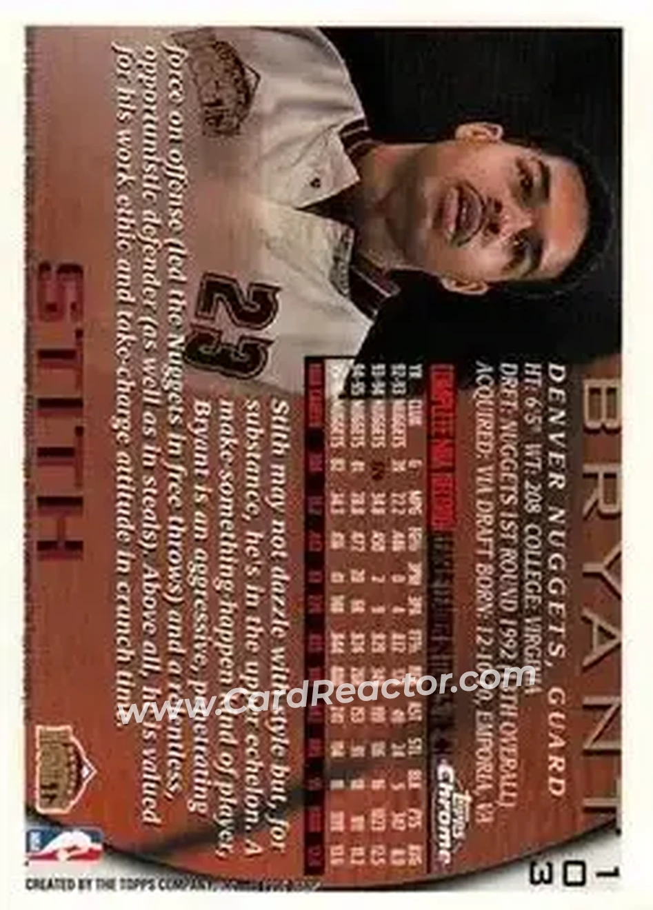 1996-97 Topps Chrome #103 - Bryant Stith - Denver Nuggets - Back 1996-97 Topps Chrome #103 - Bryant Stith - Denver Nuggets - Back