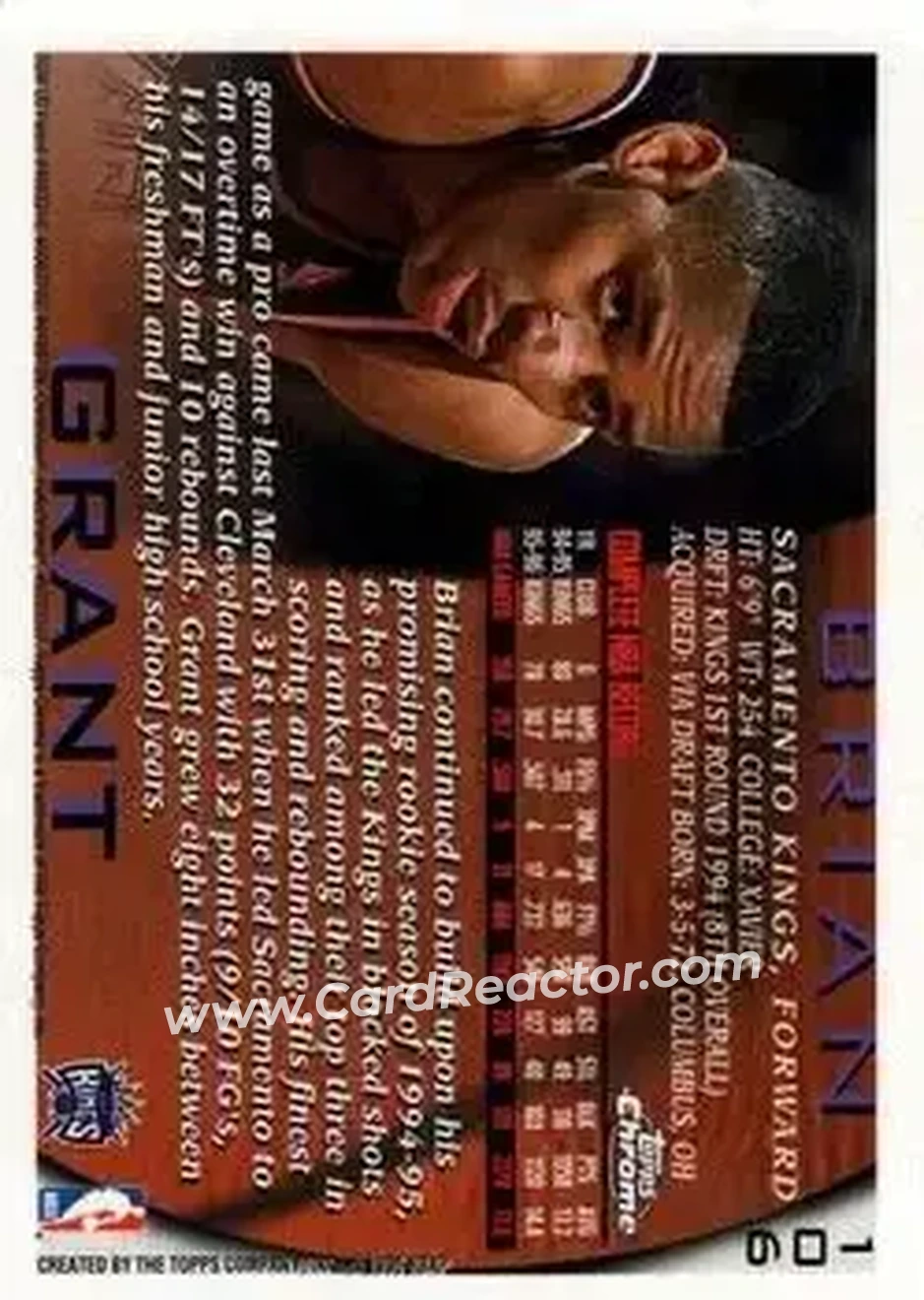 1996-97 Topps Chrome #106 - Brian Grant - Sacramento Kings - Back