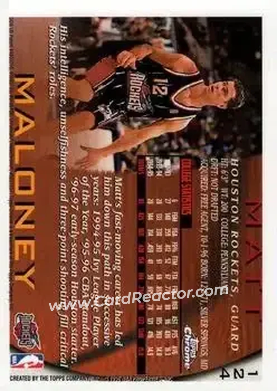 1996-97 Topps Chrome #124 - Matt Maloney - Houston Rockets - Back