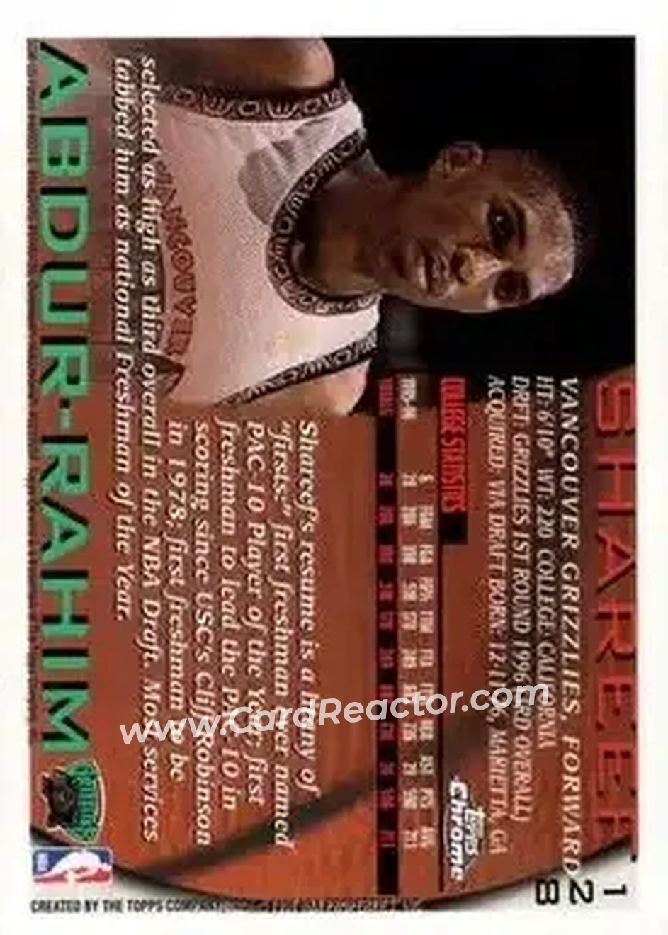 1996-97 Topps Chrome #128 - Shareef Abdur-Rahim - Vancouver Grizzlies - Back