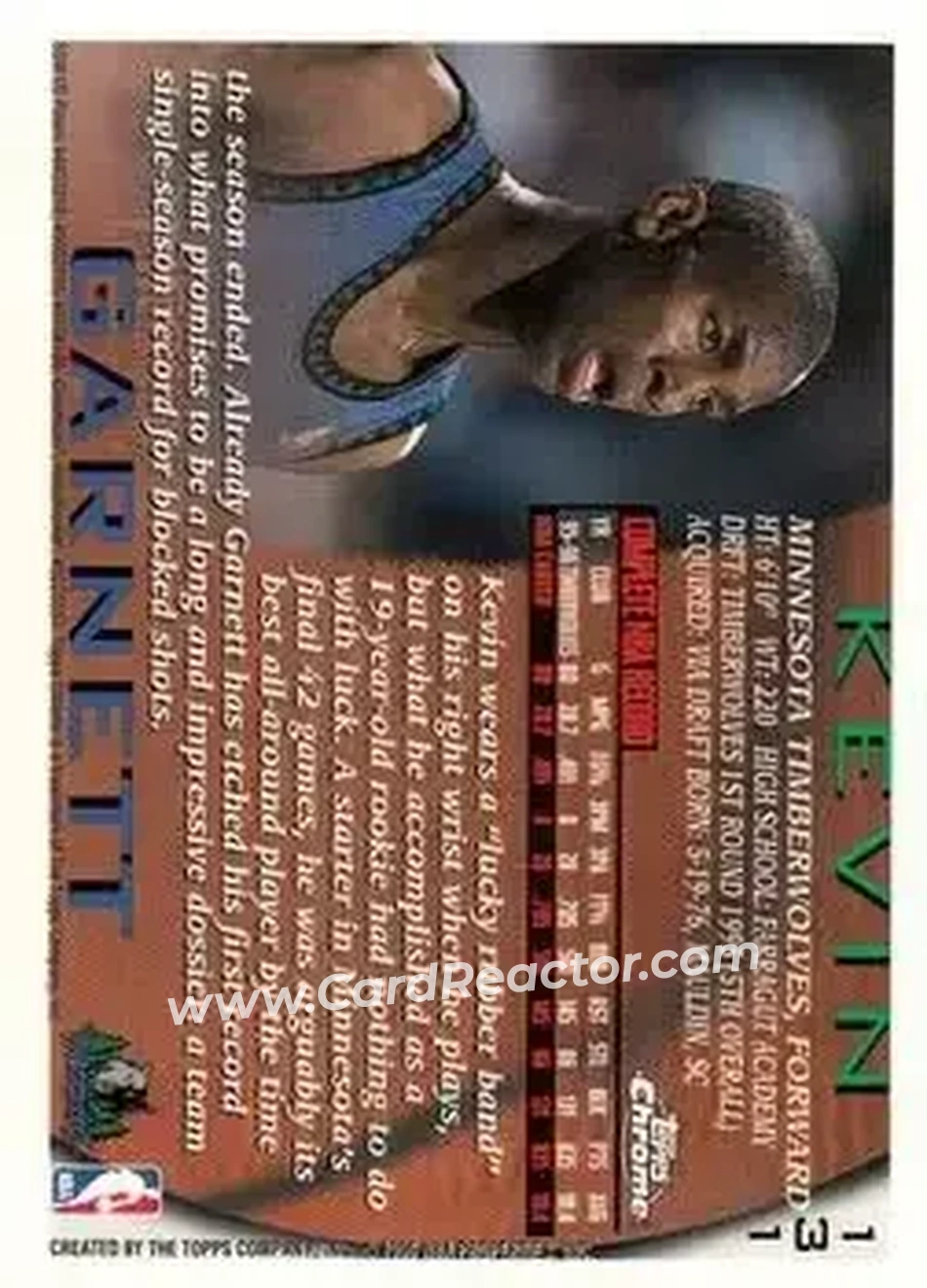 1996-97 Topps Chrome #131 - Kevin Garnett - Minnesota Timberwolves - Back