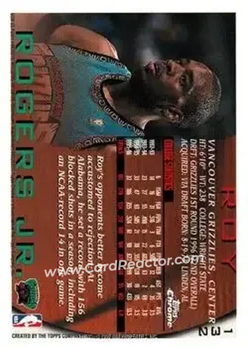 1996-97 Topps Chrome #132 - Roy Rogers - Vancouver Grizzlies - Back