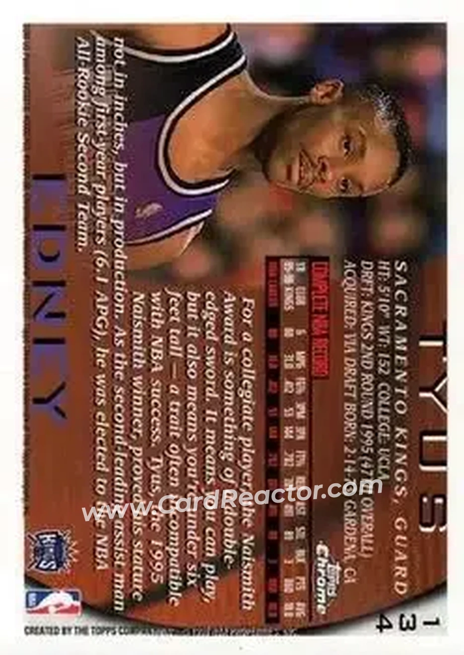 1996-97 Topps Chrome #134 - Tyus Edney - Sacramento Kings - Back