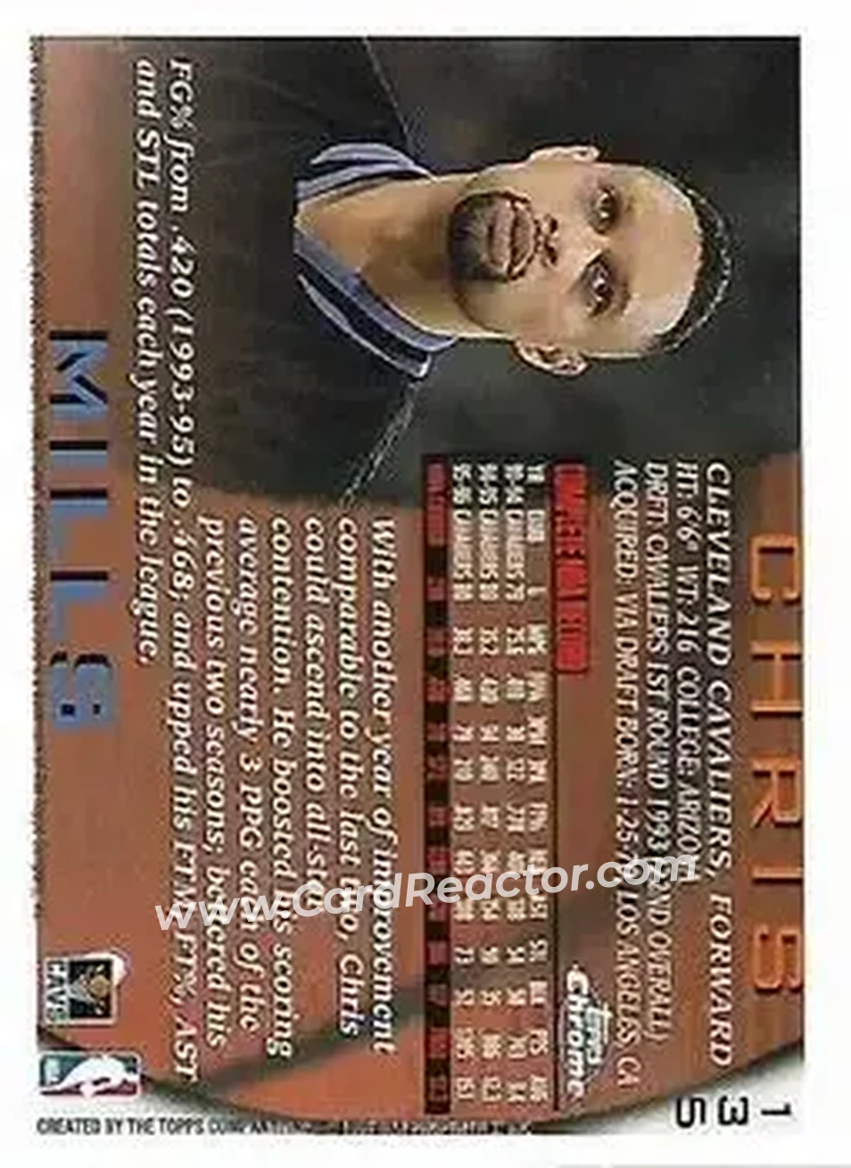 1996-97 Topps Chrome #135 - Chris Mills - Cleveland Cavaliers - Back