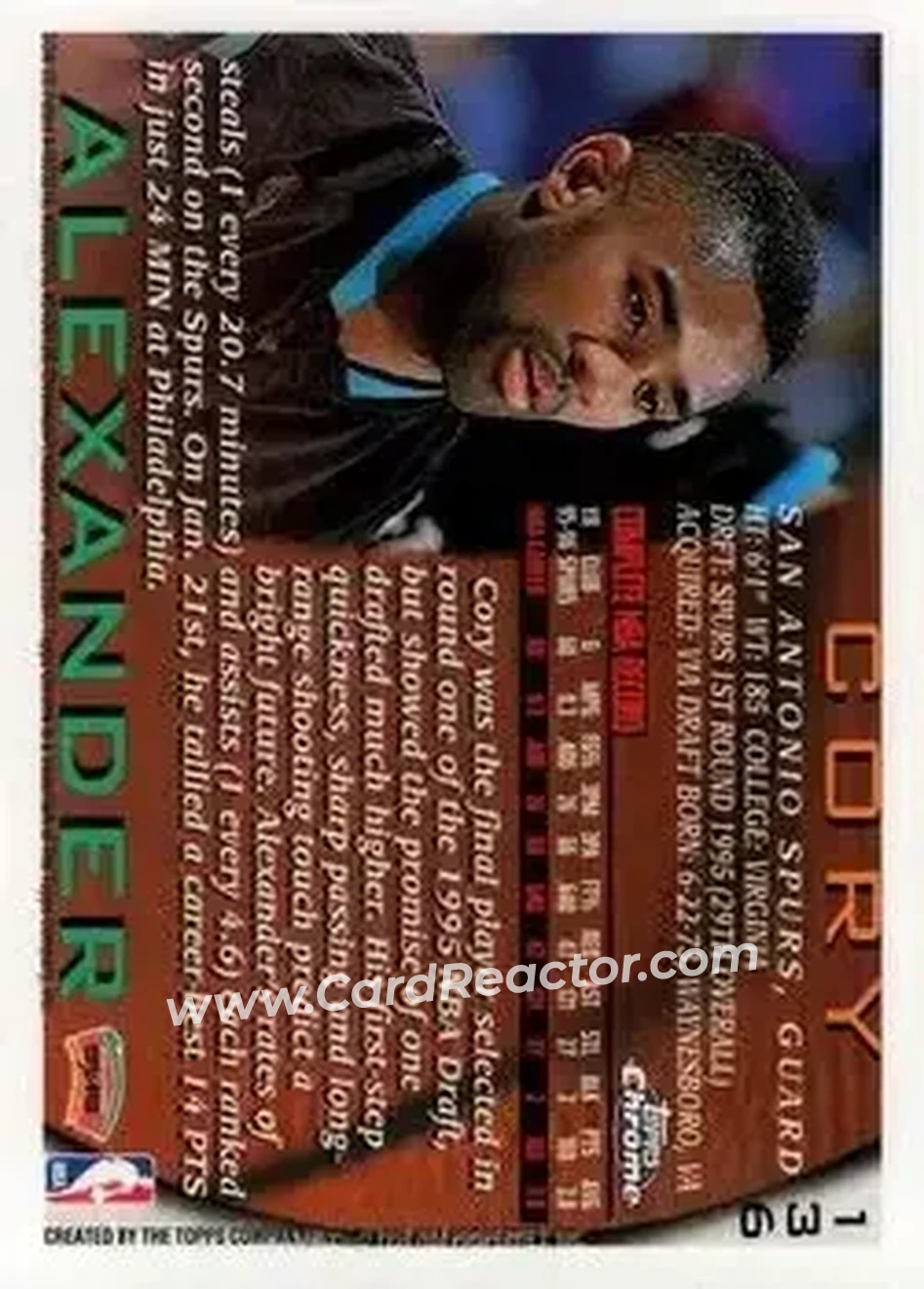 1996-97 Topps Chrome #136 - Cory Alexander - San Antonio Spurs - Back 1996-97 Topps Chrome #136 - Cory Alexander - San Antonio Spurs - Back