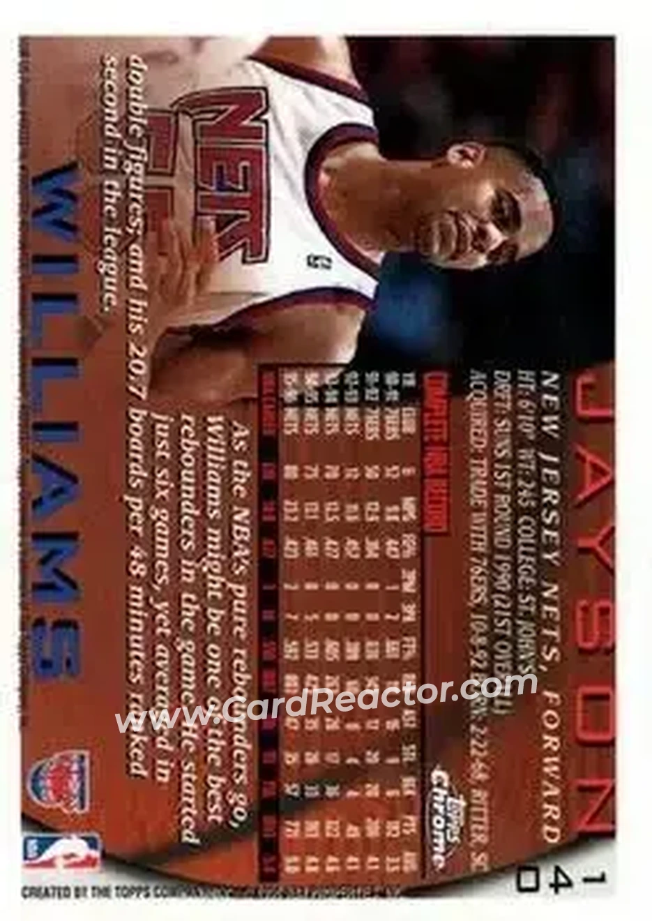 1996-97 Topps Chrome #140 - Jayson Williams - New Jersey Nets - Back