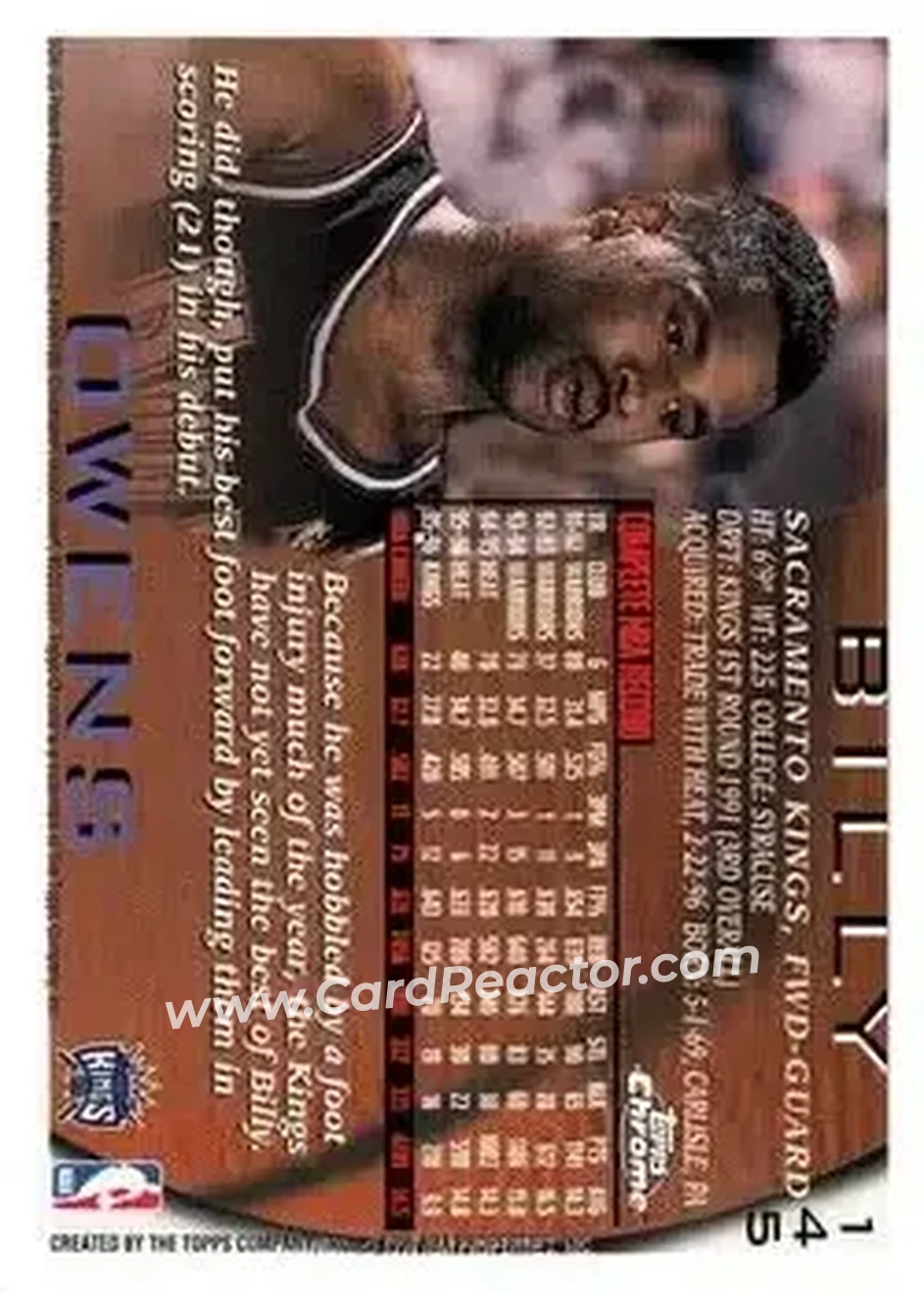 1996-97 Topps Chrome #145 - Billy Owens - Sacramento Kings - Back 1996-97 Topps Chrome #145 - Billy Owens - Sacramento Kings - Back
