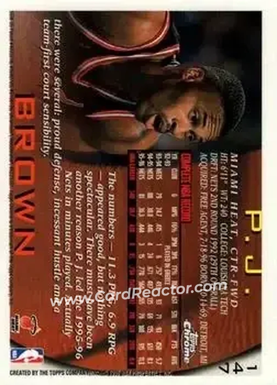 1996-97 Topps Chrome #147 - P.J. Brown - Miami Heat - Back