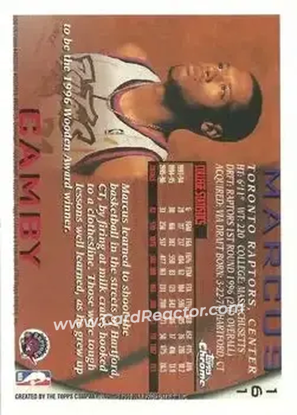 1996-97 Topps Chrome #161 - Marcus Camby - Toronto Raptors - Back 1996-97 Topps Chrome #161 - Marcus Camby - Toronto Raptors - Back
