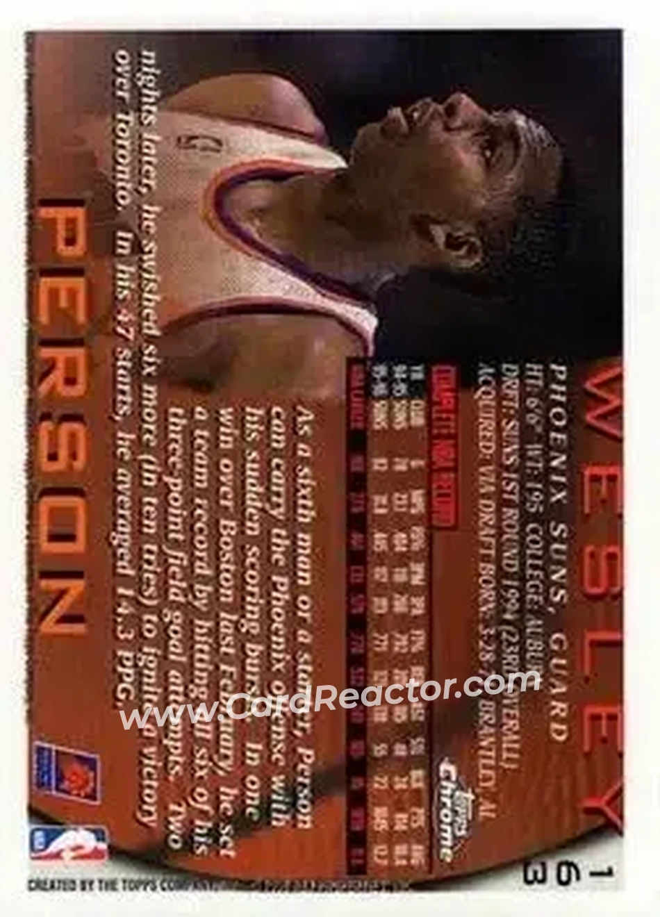 1996-97 Topps Chrome #163 - Wesley Person - Phoenix Suns - Back