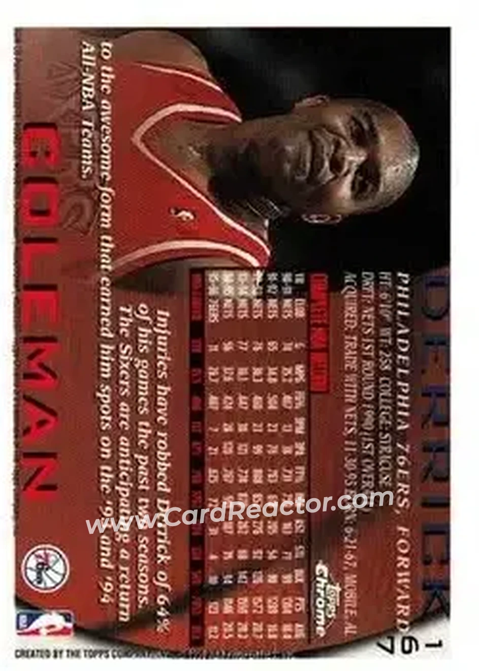 1996-97 Topps Chrome #167 - Derrick Coleman - Philadelphia 76ers - Back