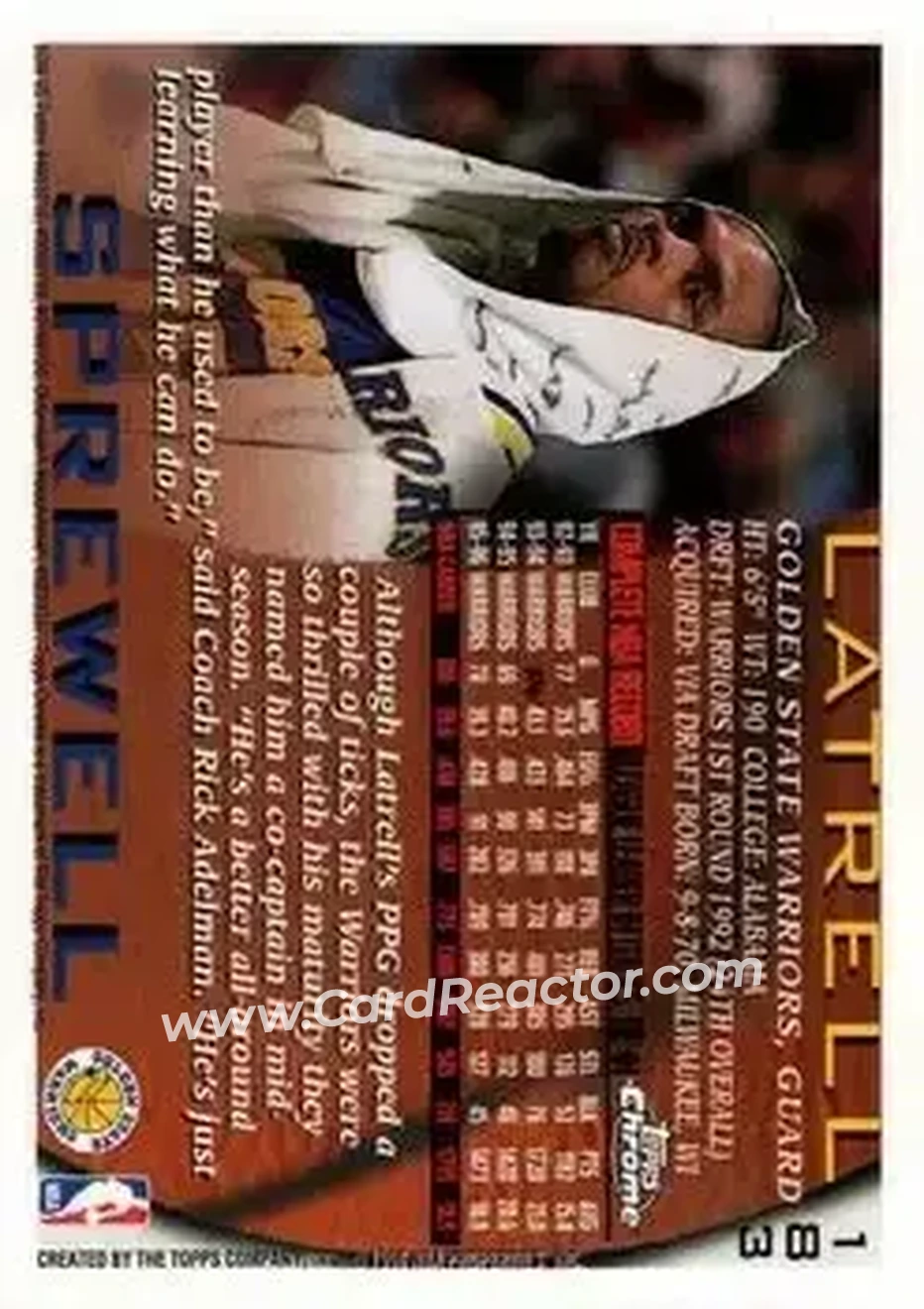 1996-97 Topps Chrome #183 - Latrell Sprewell - Golden State Warriors - Back