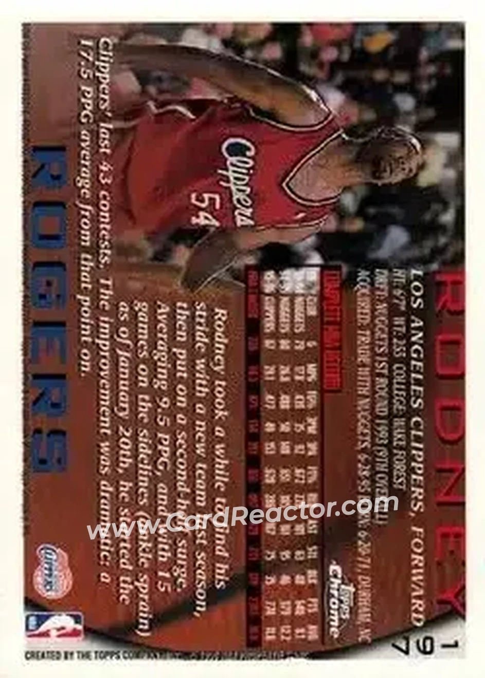 1996-97 Topps Chrome #197 - Rodney Rogers - Los Angeles Clippers - Back