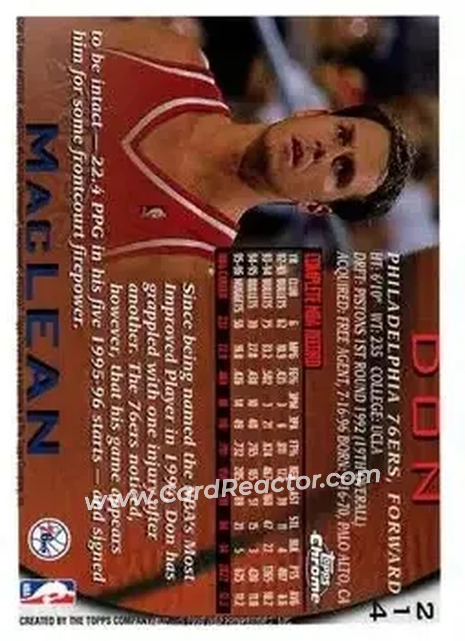 1996-97 Topps Chrome #214 - Don MacLean - Philadelphia 76ers - Back